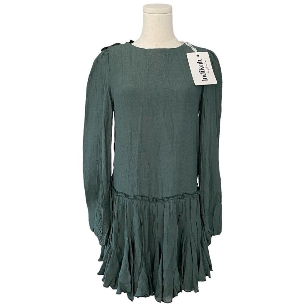 Angel Biba NWT Bohemian Long Sleeve Midi Dress Womens XS/S Green Ruffle Holiday‎